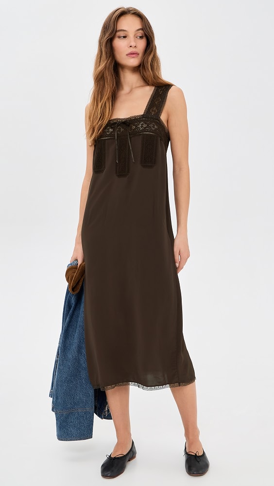 Lace Insert Tie Front Midi Dress - Dark Chicory