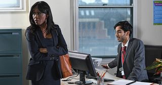 Denise Fox is frustrated with her experience with Naveed Omar at the job centre in Eastenders.
