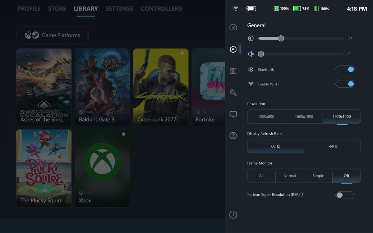 A screenshot of the Legion Space program showing the general tab in the side menu where you can change resolution, refresh rate, brightness, volume, and more.