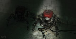 A robotic creature in the corner of a dark room