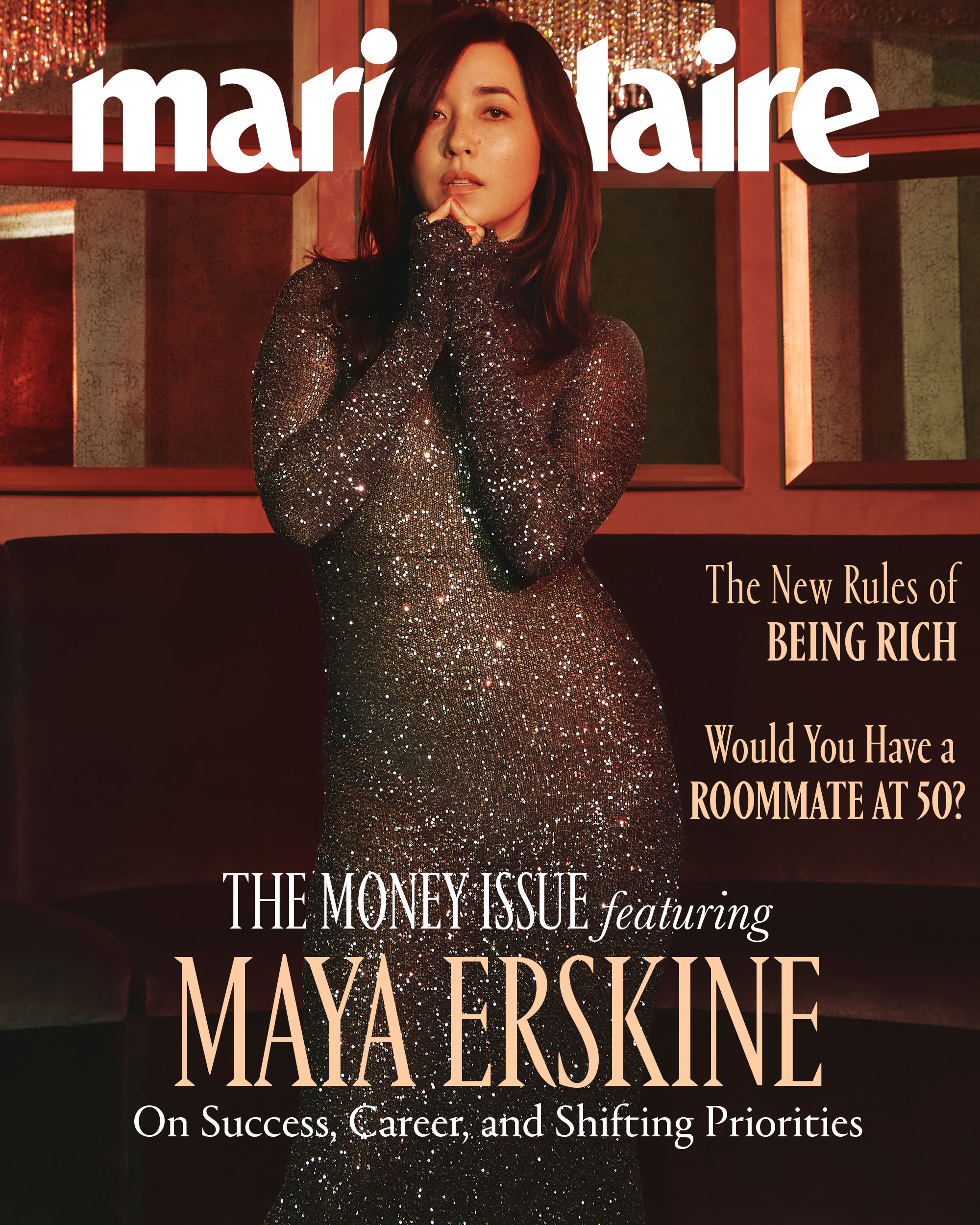 Cover of Marie Claire magazine with actress Maya Erskine in a black sparkly dress