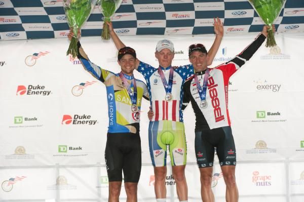The 2012 US Pro road race podium: Kiel Reijnen (Team Type 1-Sanofi), Timmy Duggan (Liquigas-Cannondale) and Frank Pipp (Bissell)