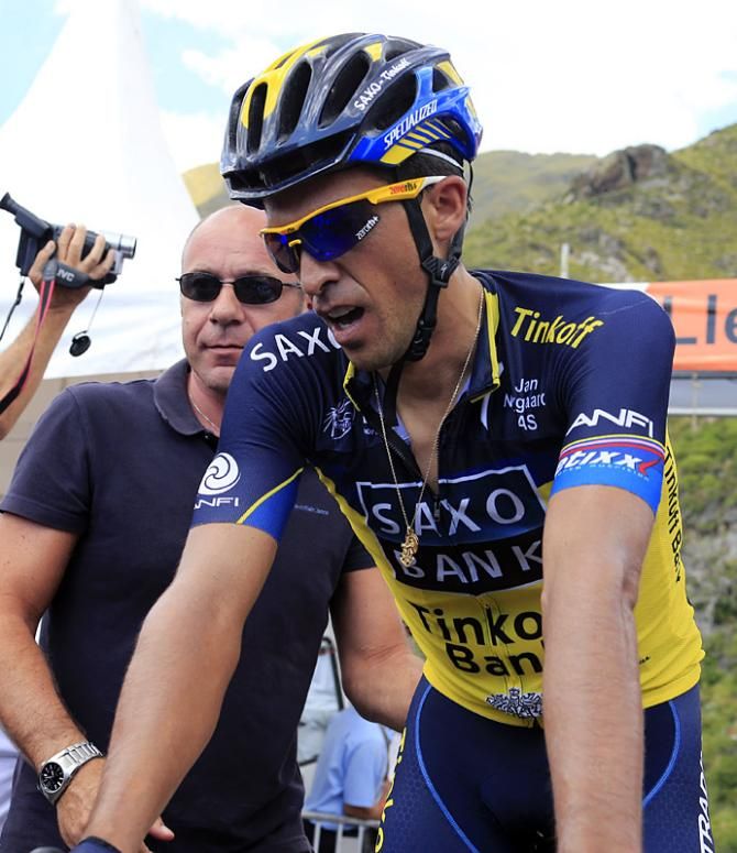 Stage winner Alberto Contador (Saxo-Tinkoff) recovers from his efforts.