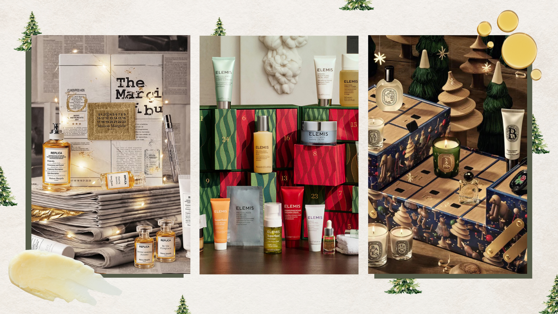 Trio of images of the best beauty advent calendars 2026 (L-R) from Maison Margiela, ELEMIS and Diptyque, on a neutral background with green Christmas trees, balm and oil swatches