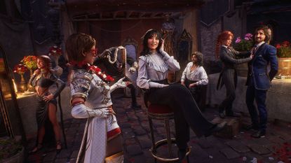 Screenshot from Clair Obscur: Expedition 33's first anniversary update showing the RPG's cast partying with new haircuts.