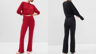 composite of model wearing Gap Modal Supersoft Split Flare Pants in red with heart print and black
