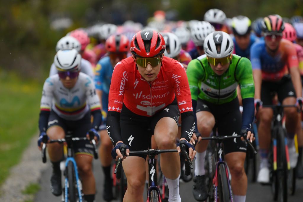 CANICOSA DE LA SIERRA SPAIN MAY 19 Marlen Reusser of Switzerland and Team SD Worx Protime leads the peloton during the 9th Vuelta a Burgos Feminas 2024 Stage 4 a 122km stage from Pearanda de Duero to Canicosa de la Sierra 1144m UCIWWT on May 19 2024 in Canicosa de la Sierra Spain Photo by Alex BroadwayGetty Images