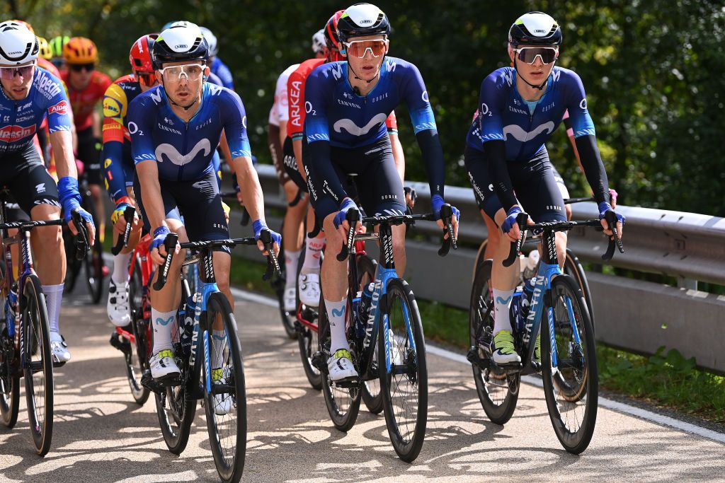 MERTERT LUXEMBOURG SEPTEMBER 22 LR Will Barta of The United States Matteo Jorgenson of The United States and Juri Hollmann of Germany and Movistar Team compete during the 83rd Skoda Tour Luxembourg 2023 Stage 3 a 1684km stage from Mertert to Vianden on September 22 2023 in Vianden Luxembourg Photo by Tim de WaeleGetty Images