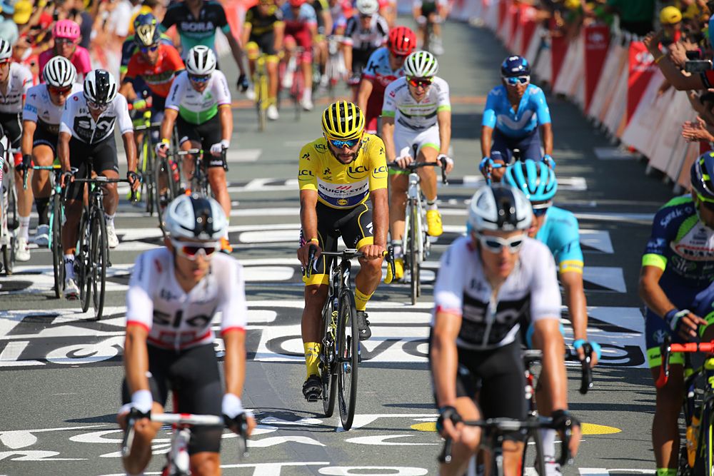 Stage 1 winner Fernando Gaviria rolls through the finish of stage 2 after crashing