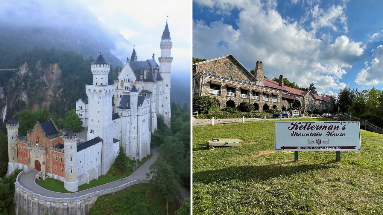 Two real-life places that inspired fictional locations: L-Neuschwanstein Castle, R- the location of Kellerman&#039;s from Dirty Dancing