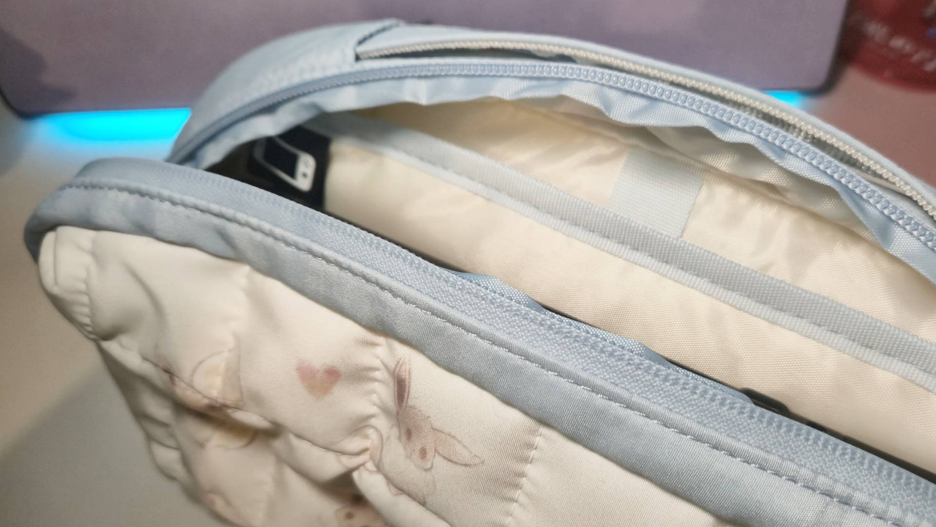 Photo of a Switch 2 sitting inside the Eevee Cottage Core pouch.