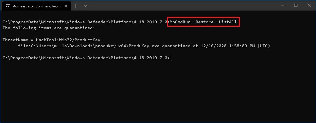 Microsoft Defender restore command