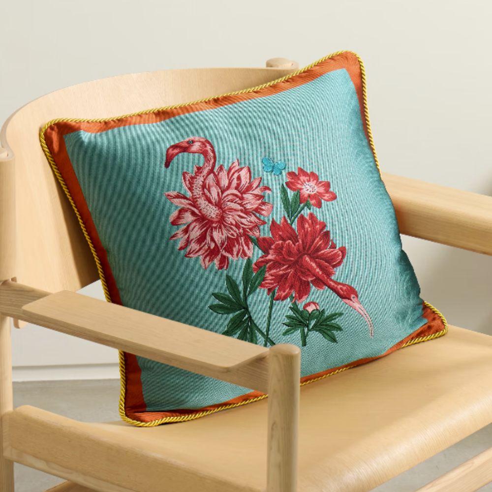 turquoise and pink flamingo cushion