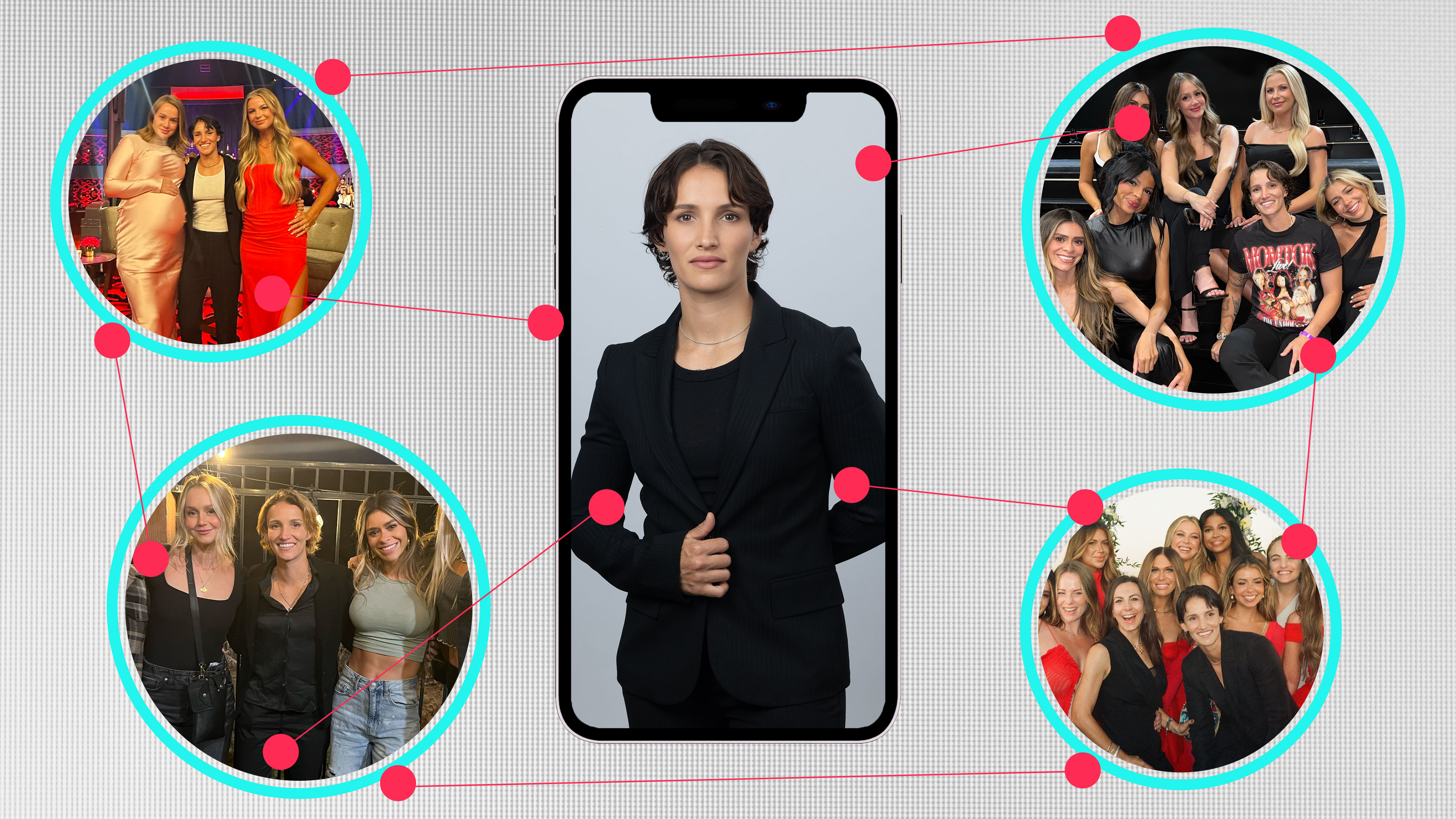 danielle pistotnik headshot within an iphone frame surrounded by circular images of the mormon wives with pink lines and circles connecting