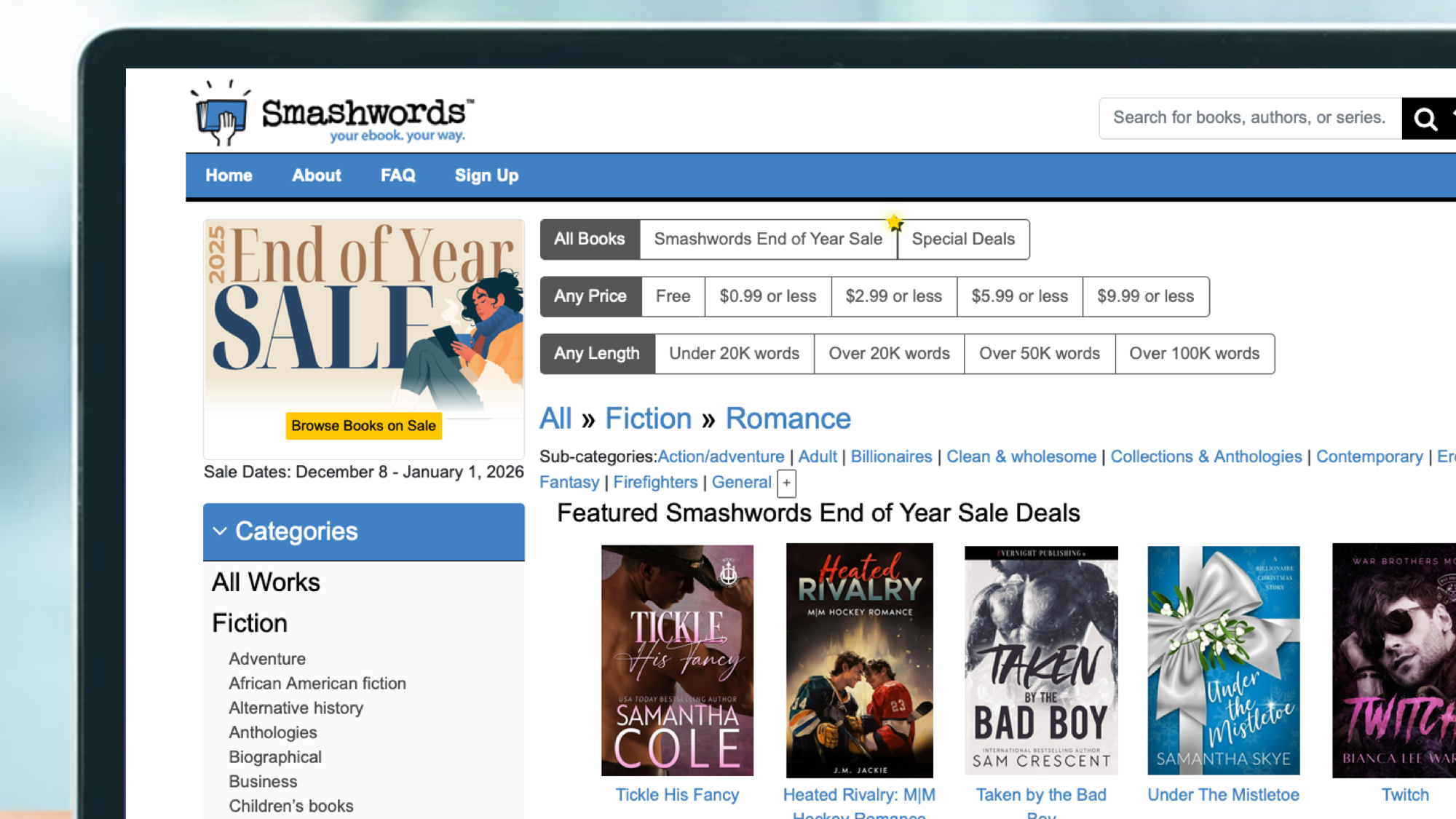A laptop screen showing the Smashwords website