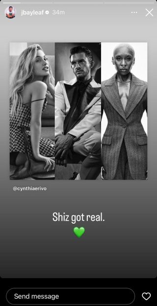 Jonathan Bailey reposted a Instagram post from Cynthia Erivo's post with black and white photos of the two of them and Ariana Grande. He commented with "Shiz got real." with a green heart emoji.