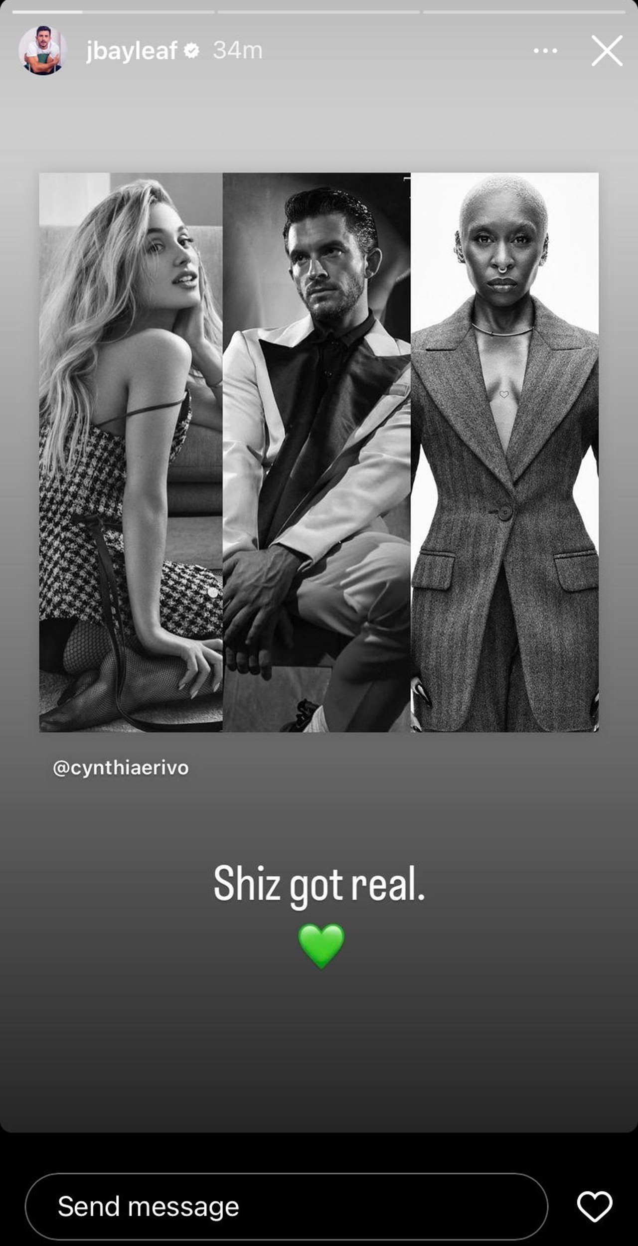 Jonathan Bailey reposted an Instagram post of Cynthia Erivo's post with black and white photos of the two and Ariana Grande.  He commented "Shiz became real." with a green heart emoji.