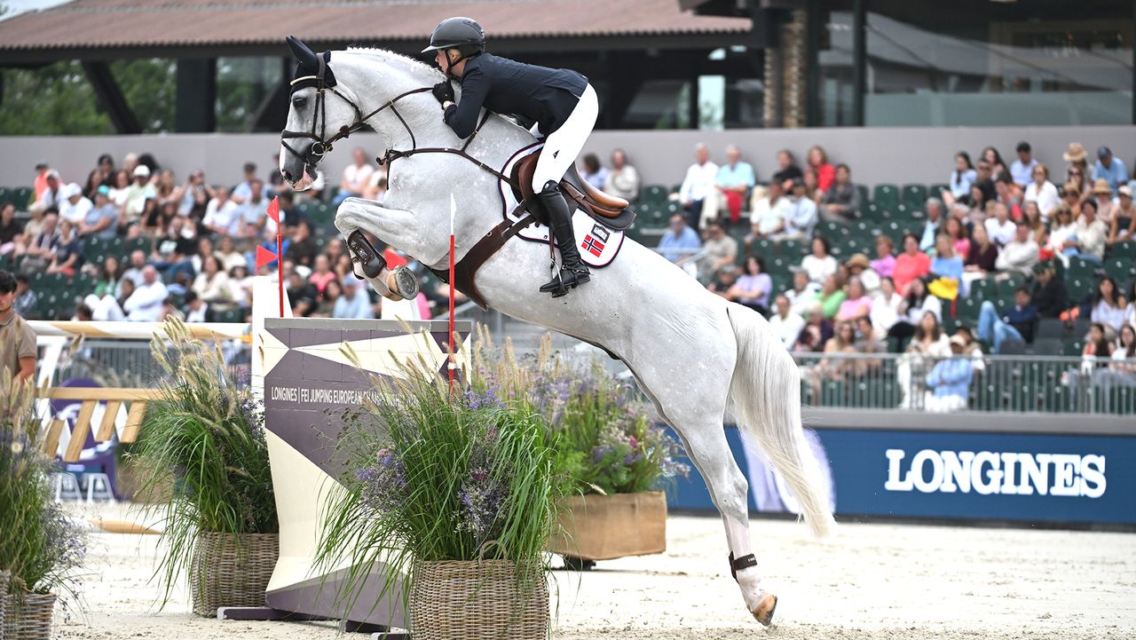 Therese S&oslash;hol Henriksen and horse Santos Z pictured at the European Showjumping Championships.