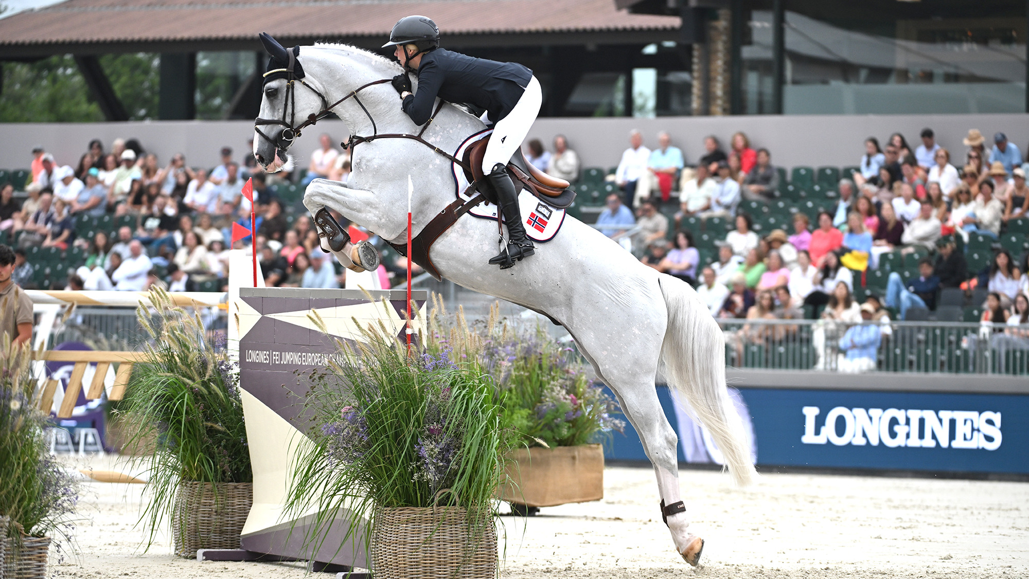 Therese S&oslash;hol Henriksen and horse Santos Z pictured at the European Showjumping Championships.