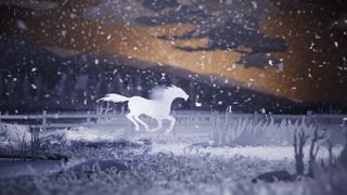 An image from a 3D animation of a horse running that looks like 2D paper