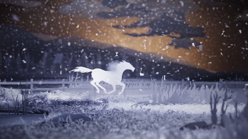 An image from a 3D animation of a horse running that looks like 2D paper