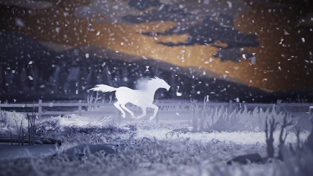 An image from a 3D animation of a horse running that looks like 2D paper