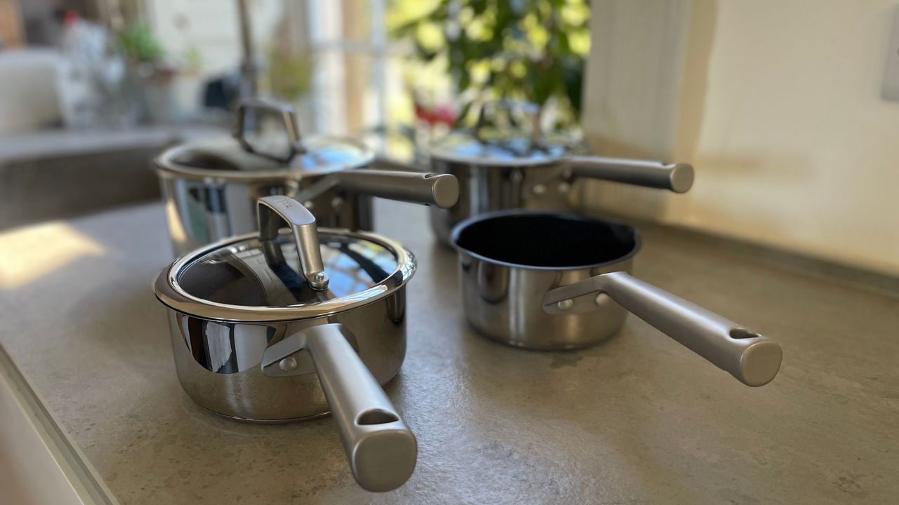 Side profile of the Ninja NeverStick Pan Set on a kitchen counter