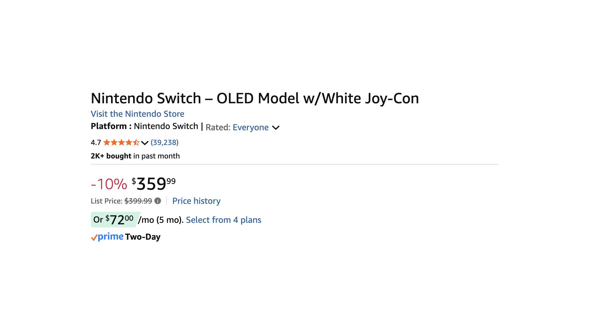 Screenshot of Amazon Switch OLED listing down to $359.99