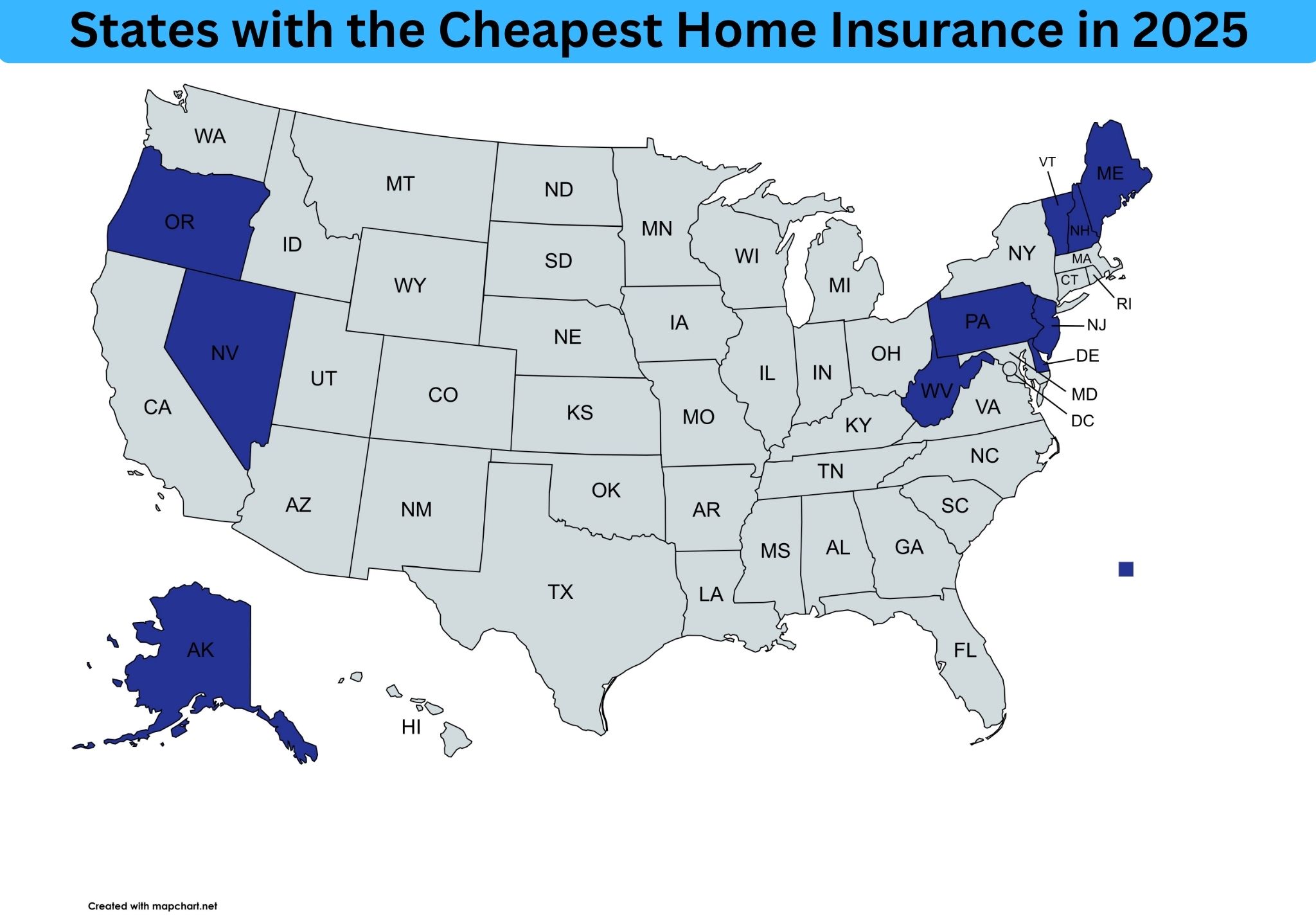 A map with the cheapest states for home insurance highlighted in blue.