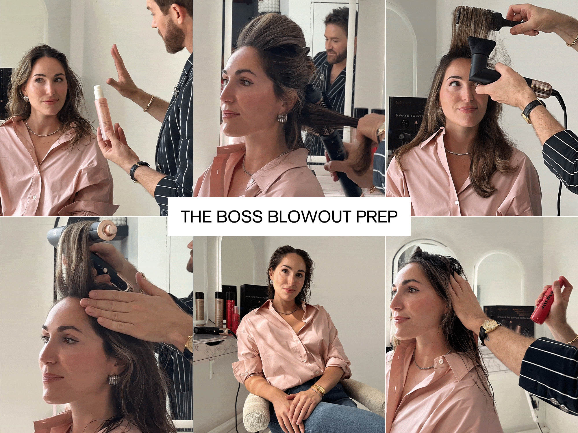 Editor Anna LaPlaca getting hair styled by celebrity hairstylist for fashion week