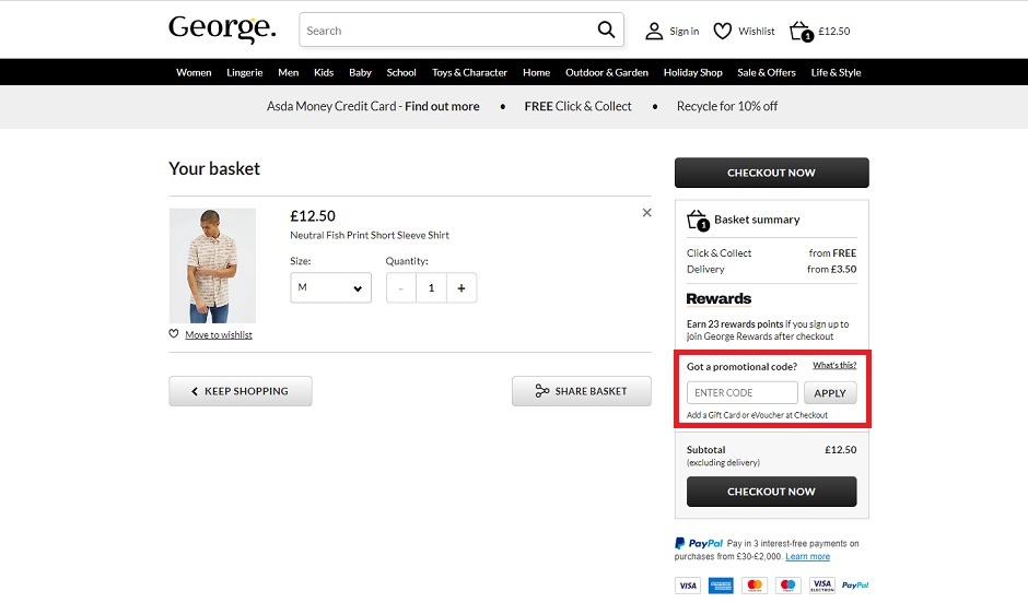 ASDA George basket showing where to add code