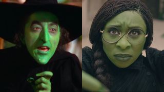 From left to right: Margaret Hamilton as The Wicked Witch of the West in The Wizard of Oz and Cynthia Erivo as Elphaba in Wicked.