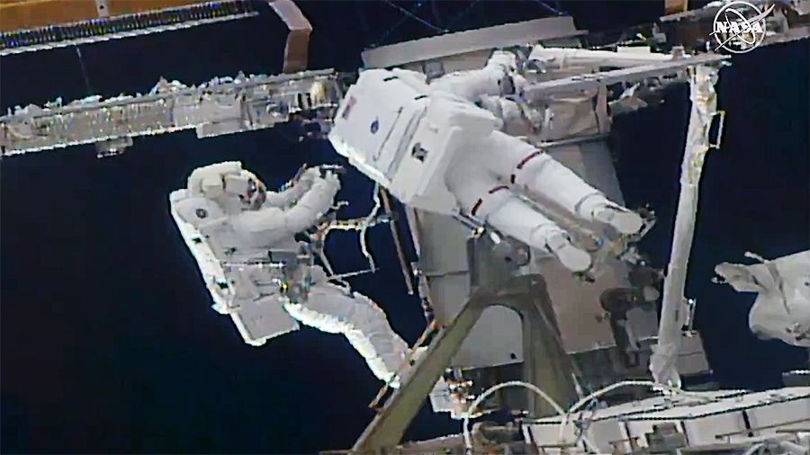 NASA astronaut Kate Rubins (right) and JAXA astronaut Soichi Noguchi (left) are pictured during a spacewalk outside the International Space Station, on March 5, 2021.