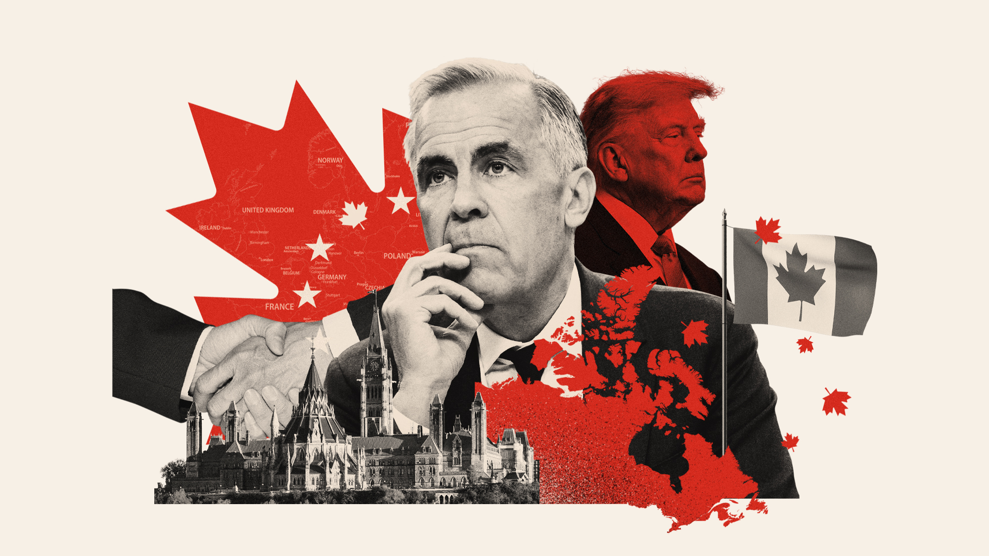 Photo collage illustration of Mark Carney, Donald Trump, the Parliament building in Ottawa, map of Canada and politicians shaking hands