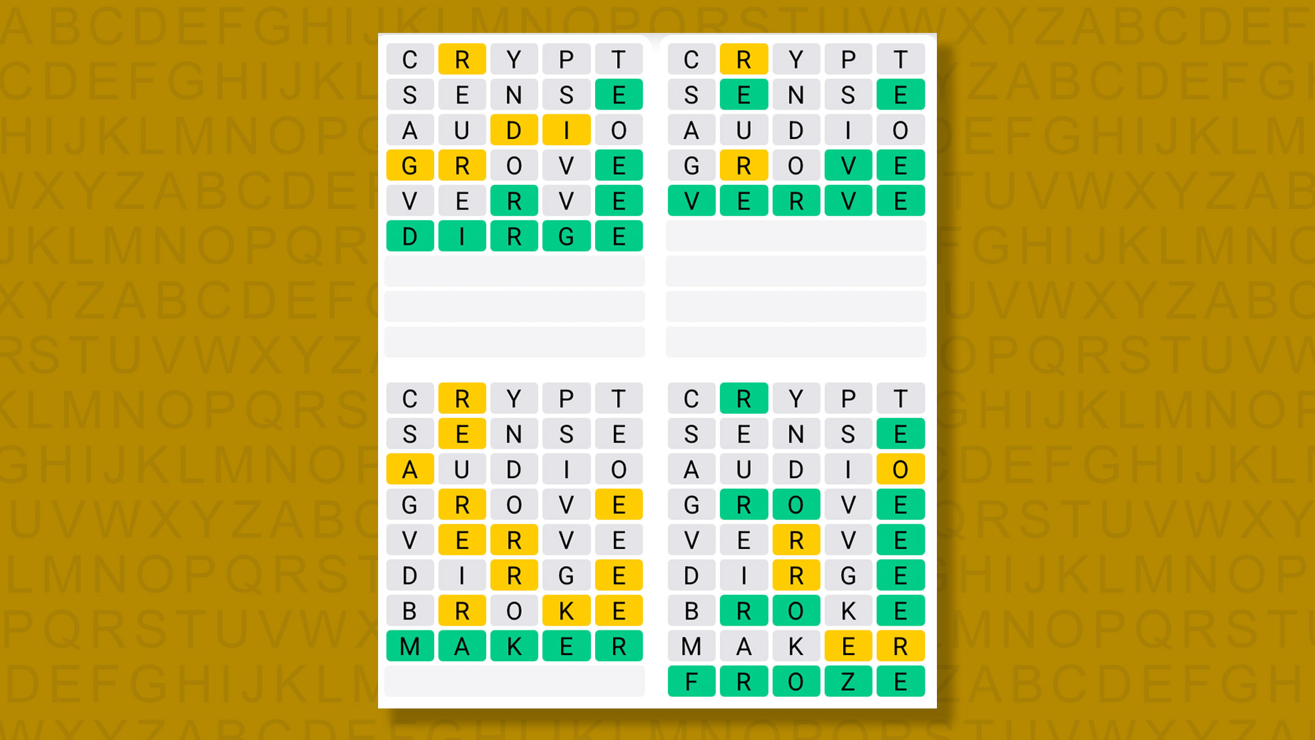 Quordle answers for game 1515 on a yellow background