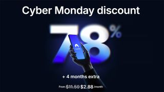 NordVPN graphic showing a large 78% with text reading "Cyber Monday discount" "+4 months extra" and "from $2.88 /month". A hand is holding a phone with the NordVPN logo displayed