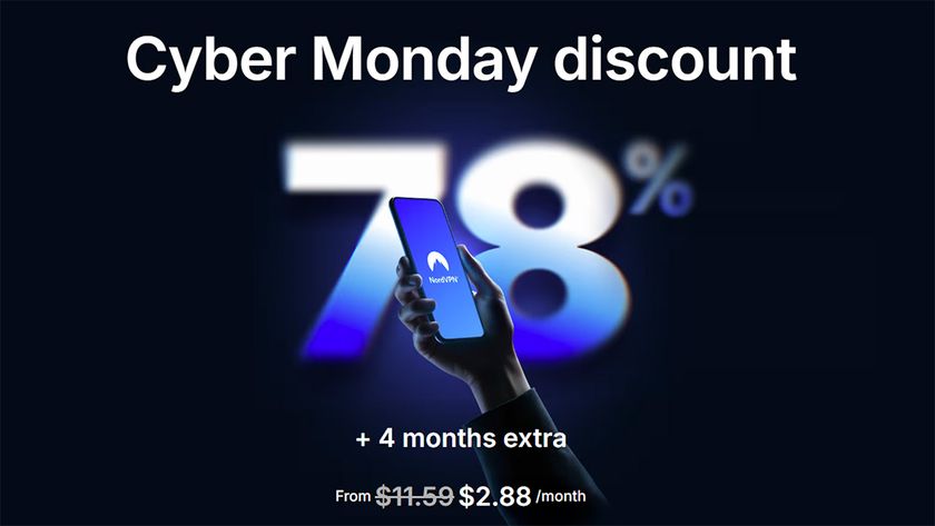 NordVPN graphic showing a large 78% with text reading &quot;Cyber Monday discount&quot; &quot;+4 months extra&quot; and &quot;from $2.88 /month&quot;. A hand is holding a phone with the NordVPN logo displayed