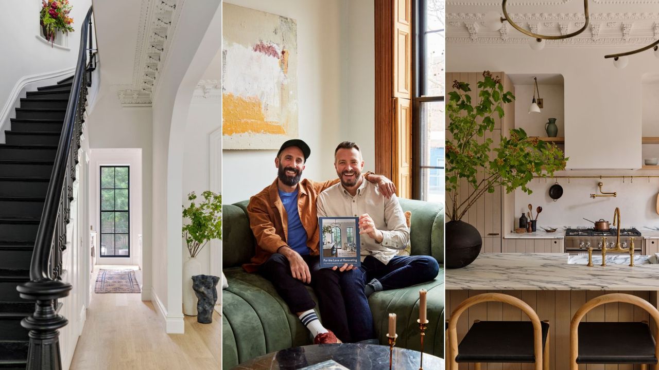 A photo of Barry Bordelon and Jordan Slocum, the Brownstone Boys, sitting on a green sofa and holding their book, For the Love of Renovating.