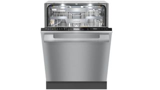 A stainless steel Miele dishwasher, partially open
