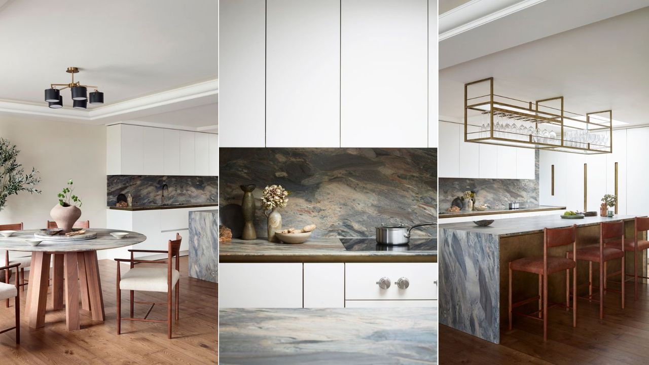 Three images of a white kitchen with blue and green marble counters and backsplash