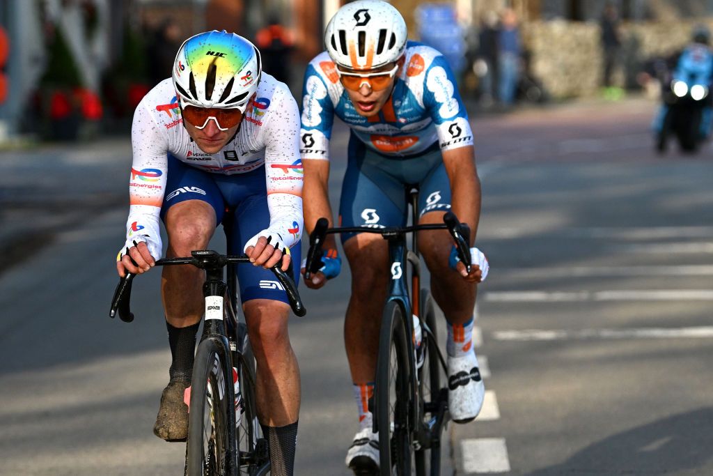 DOUR BELGIUM FEBRUARY 27 LR Thomas Gachignard of France and Team TotalEnergies and Pavel Bittner of Czech Republic and Team dsmfirmenich PostNL compete in the breakaway during the 56th Le Samyn 2024 a 2043km one day race from Quaregnon to Dour on February 27 2024 in Dour Belgium Photo by Luc ClaessenGetty Images