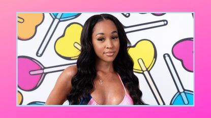 Summer Botwe in front of a heart lollypop background for Love Island 2022
