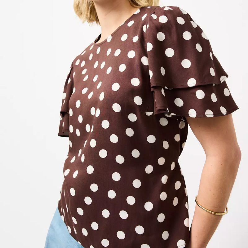 Brown Polka Dot Print Tie Waist Top on model