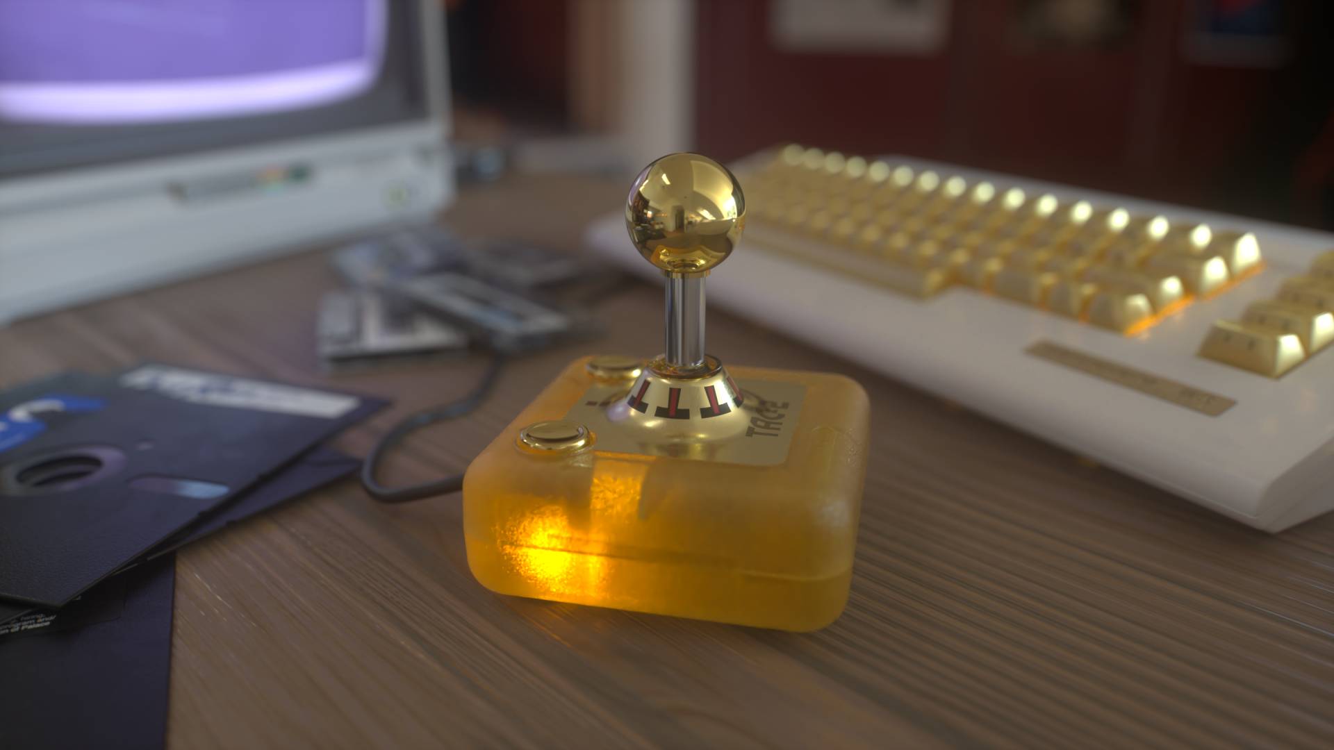 TAC-2- joystick by Commodore in Founders Edition gold with C64 Ultimate on right and monitor on left in backdrop.
