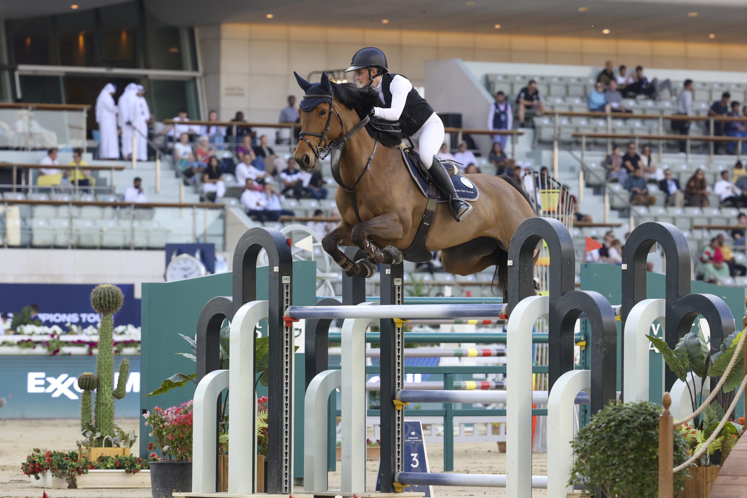 Jodie Hall McAteer riding Kimosa Van Het Kitrahof winning the CSI5* speed class in Doha, Qatar