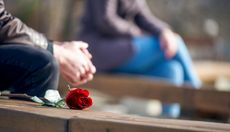 Red rose on wooden bench in foreground, with couple sitting apart in background.