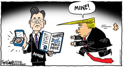 Political cartoon U.S. Trump Nobel Prize Korea Moon Jae In