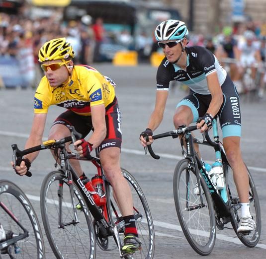 Cadel Evans (BMC) with Andy Schleck (Leopard Trek) on his wheel.