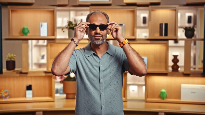Android president Sameer Samat wearing Google's upcoming smart glasses, as seen on The Android Show I/O Edition 2025