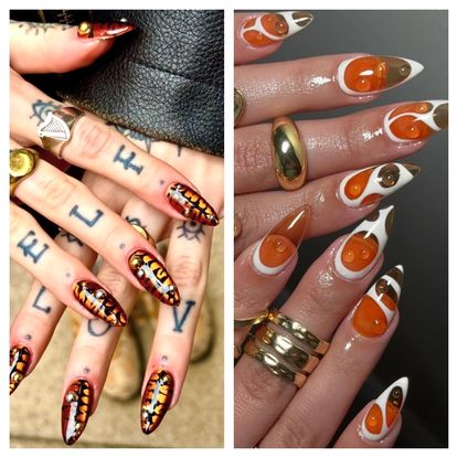 two sets of hands with orange nails with gold rings